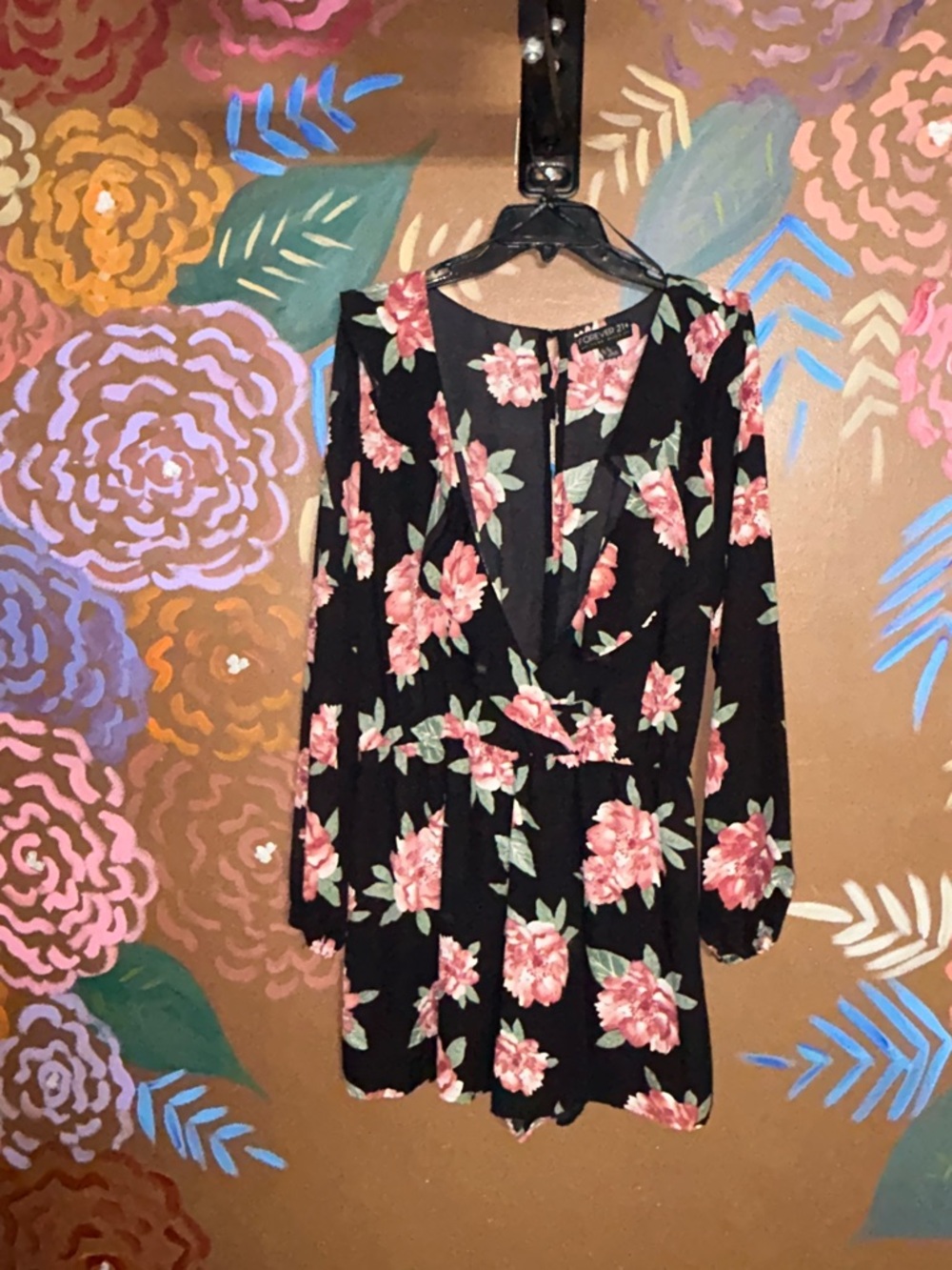 Forever 21 Black Long Sleeve Floral shorts Romper  with Pink Flowers